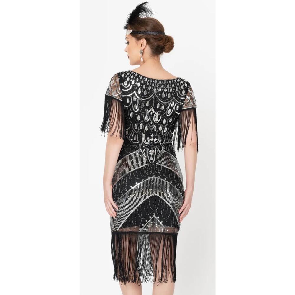 Unique Vintage Black & Silver Sequin Fringe Sleeved Laure Flapper Dress M NWOT - Picture 2 of 10